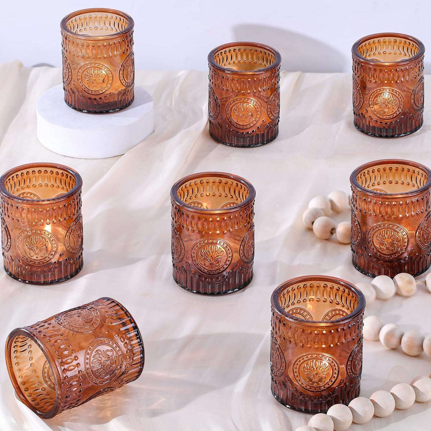 24 Pcs Amber Votive Candle Holders, Glass Tealight Candle Holders for Home Decor, Wedding Table Centerpiece, Birdal Shower, Party