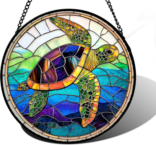 Stained Glass Window Hanging, Colored Turtle Ocean Suncatcher Diamond Glass Panel Hangings Marine Life Sun Catchers Decor for Birthday for Women, Men, Wife, Aunt, Mom 7.8 in