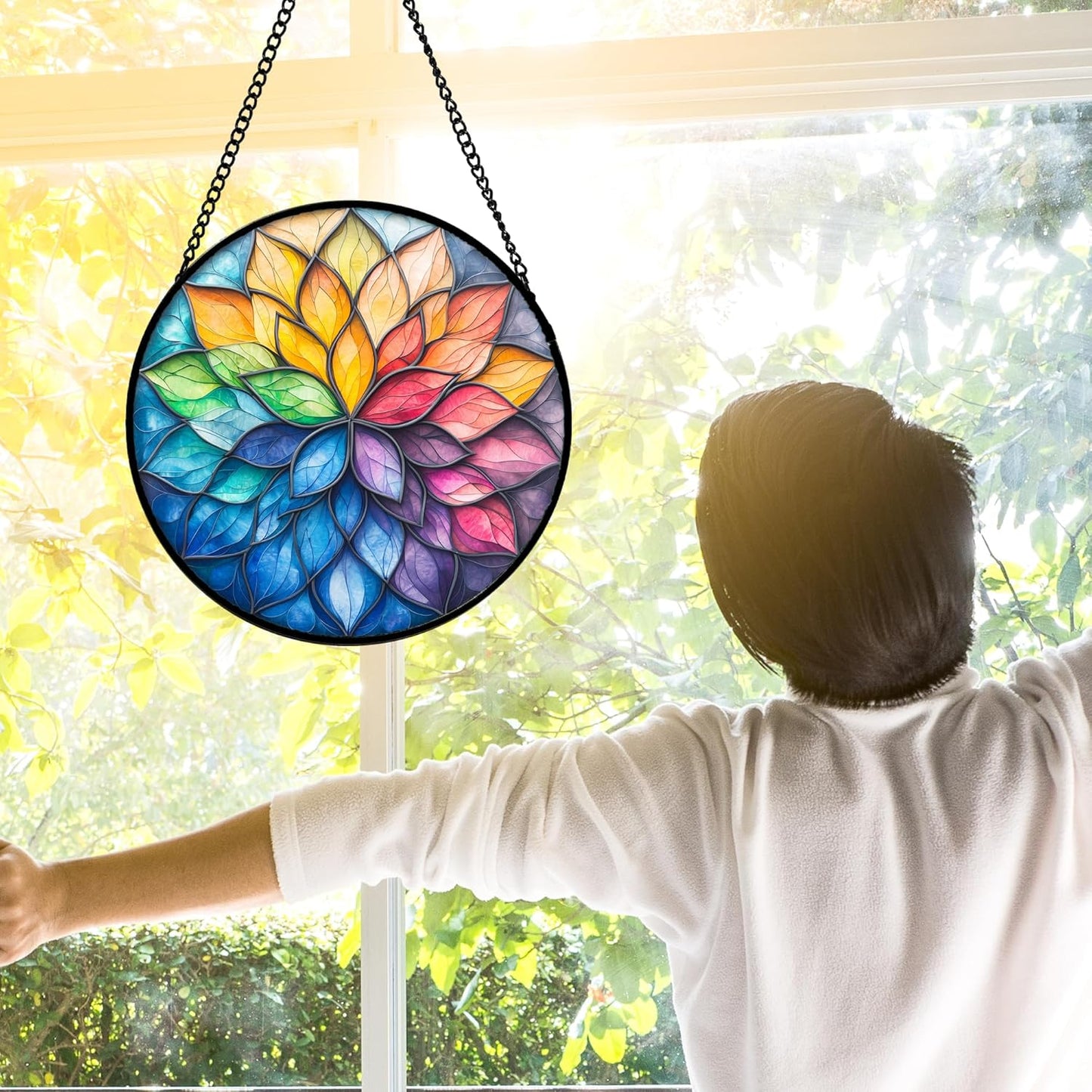 Stained Glass Window Hanging, Colorful Flower Petals Sun Catchers Diamond Glass Panel Hangings Suncatcher Decor for Birthday for Women, Men, Wife, Aunt, and Mom 6.3 in
