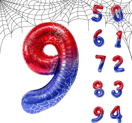 Spider Web 40Inch Foil Number Balloons Set 0-9 Includes Inflation Straws - Giant 7 Decor for Birthdays, Anniversary Party Arch Supplies (Spider, Number 9)