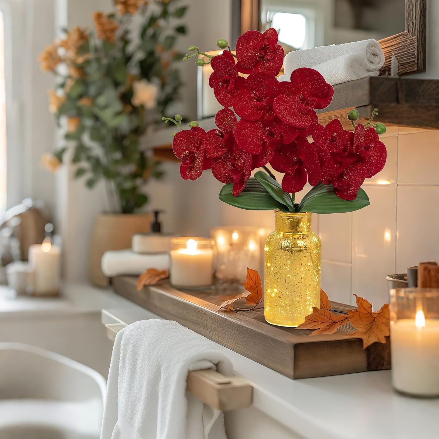 Red Orchids Artificial Flowers Faux Orchid Arrangement with Gold Glass Vase Real Touch Velvet Phalaenopsis Orchid Flowers Orchids Centerpiece for Dining Room Table