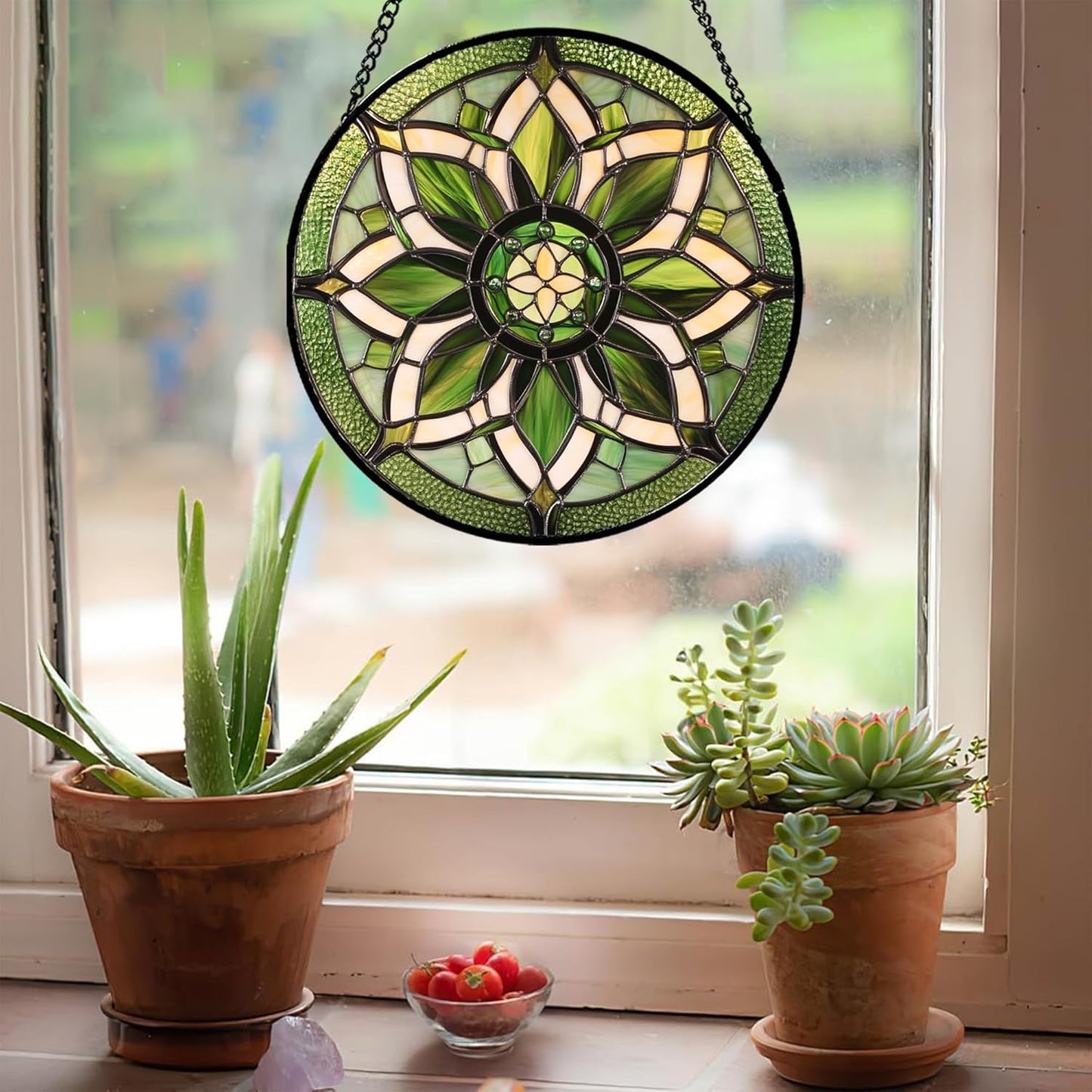 Stained Glass Window Hanging - White Green Boho Flower Suncatcher for Doors Window Home Sun Catchers Decor Christmas Mother's Day Birthday Gifts for Teacher Women Men Mom Nana 9.8 in
