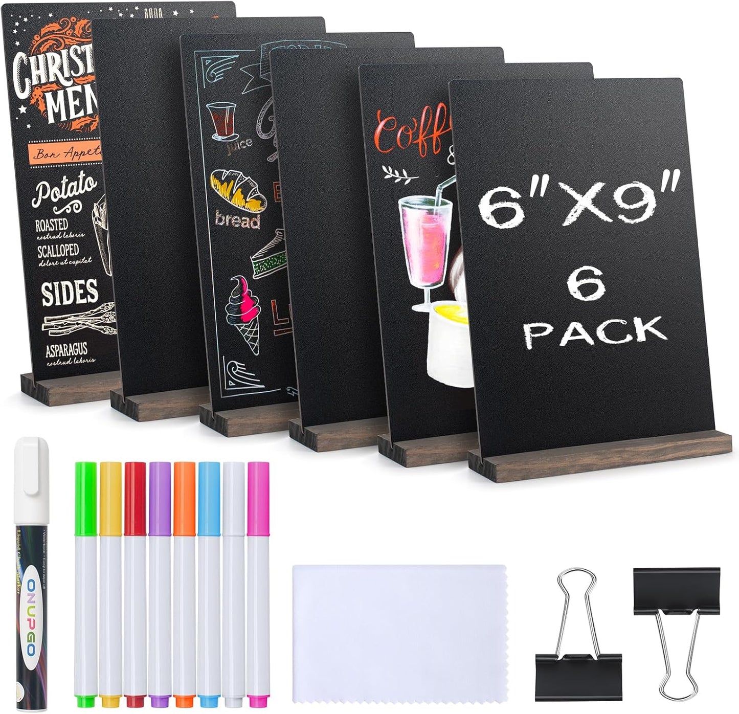 ONUPGO Mini Chalkboard Signs, 6 x 9 Inch Vintage Tabletop Chalk Board Sign with Base Stands - Double Side Mini Menu Boards Small Food Signs for Party Buffet Wedding Bar and Restaurant
