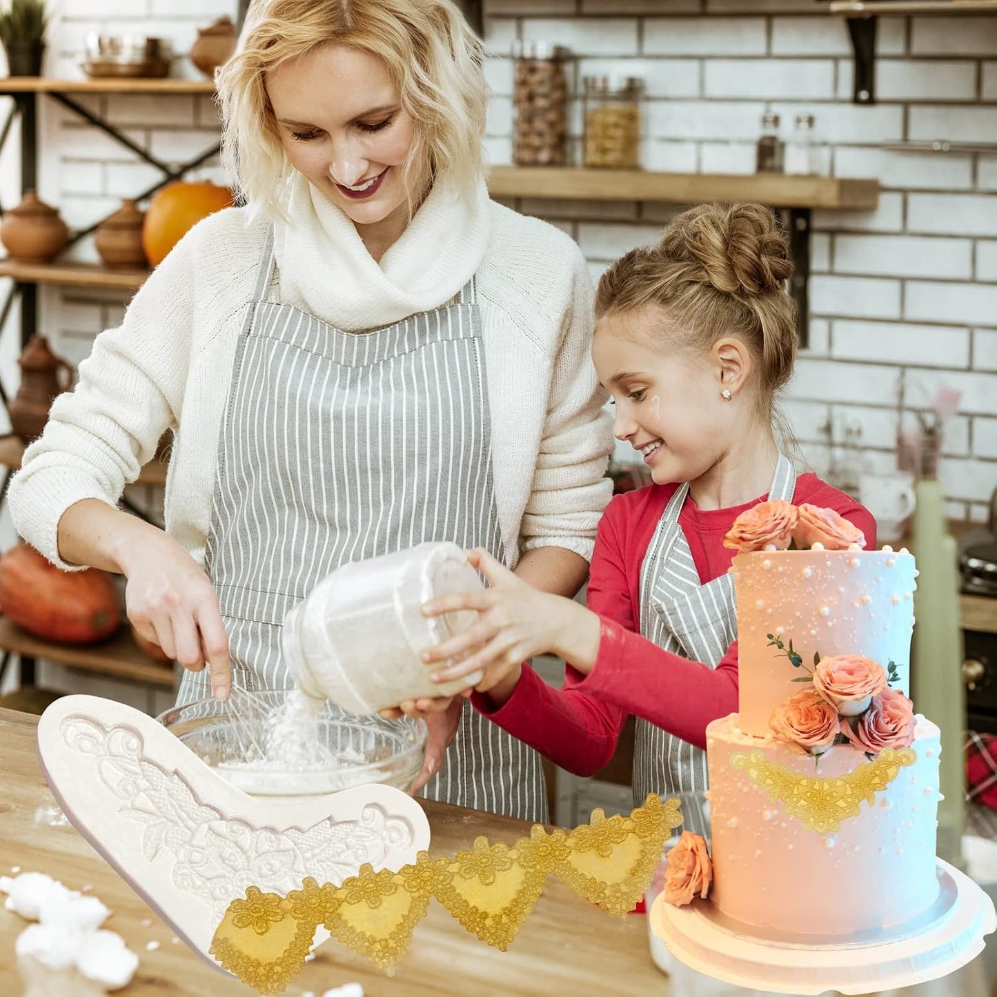 Lace Fondant Mold Set of 3, Edible Lace border Cake Decorating Imprint Mat Silicone Molds for Wedding, Valentine's Day, Chocolate, Cupcake, Cookies, Gum, Candy, Marzipan, Polymer Clay, Epoxy Crafts