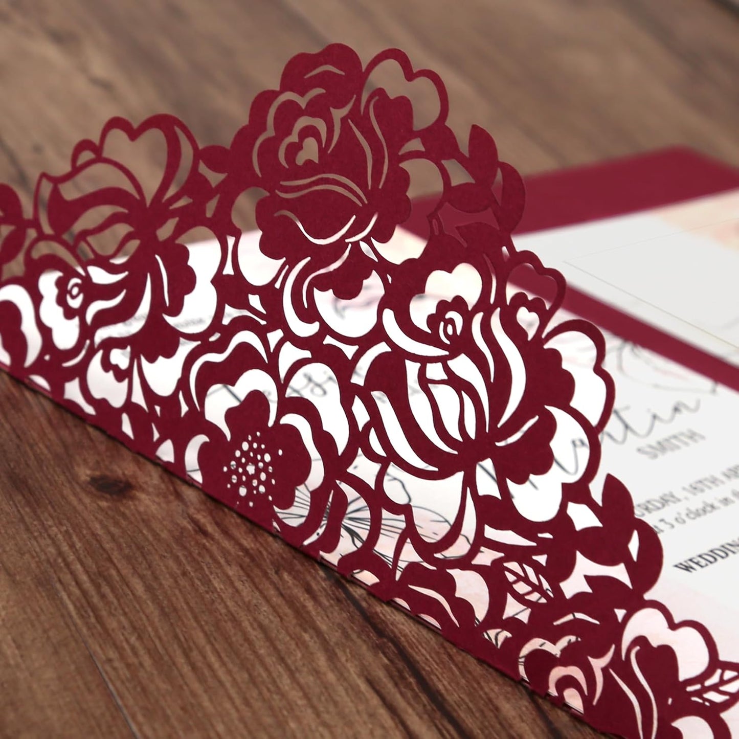 DORIS HOME 50pcs Laser Cut Wedding Invitation Pockets with Envelopes Burgundy, 5.12" x 7.12"Invitation Cards for Wedding, Anniversary (No Inserts Included)