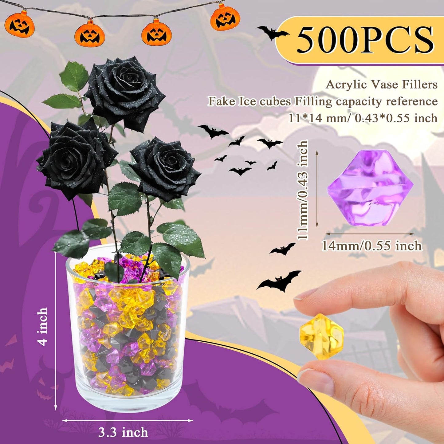 YATOJUZI 500pcs Fake Ice Cubes Halloween Decor Acrylic Crushed Rocks Vase Fillers Plastic Diamonds Gems for DIY Halloween Party Centerpiece Table Scatter Prop Display 0.5"