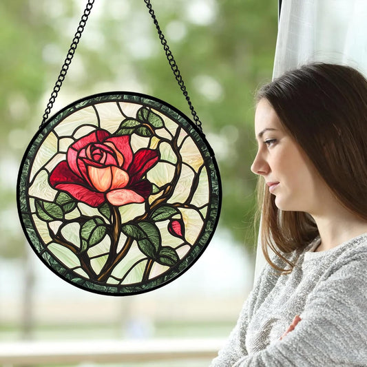 Stained Glass Window Hanging, Red Rose Flowers Sun Catcher for Door Garden Home Decor Suncatcher Christmas Mother's Day Birthday Gifts for Women Lovers Men Wife Girlfriend Mom Nana 15 in