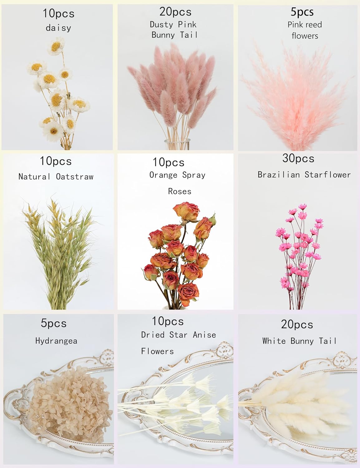 DIY Natural Dried Flower Set for Vase, Bulk Boho Dried Flowers with Stems,Fall Decor, Mini Flower Arrangements.(Pink)
