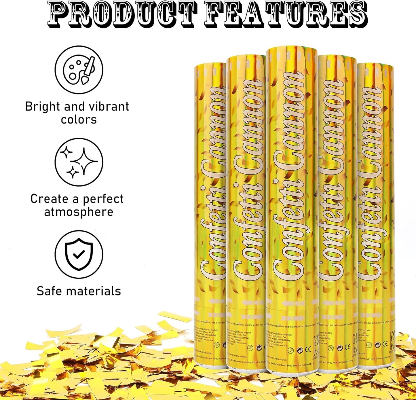 Confetti Poppers [5 Pack] 12 Inch Gold Confetti Cannons | Perfect for Graduation, New Year’s Eve, Weddings, Birthday Parties & All Celebrations | Gold Mylar Confetti for Festive Occasions