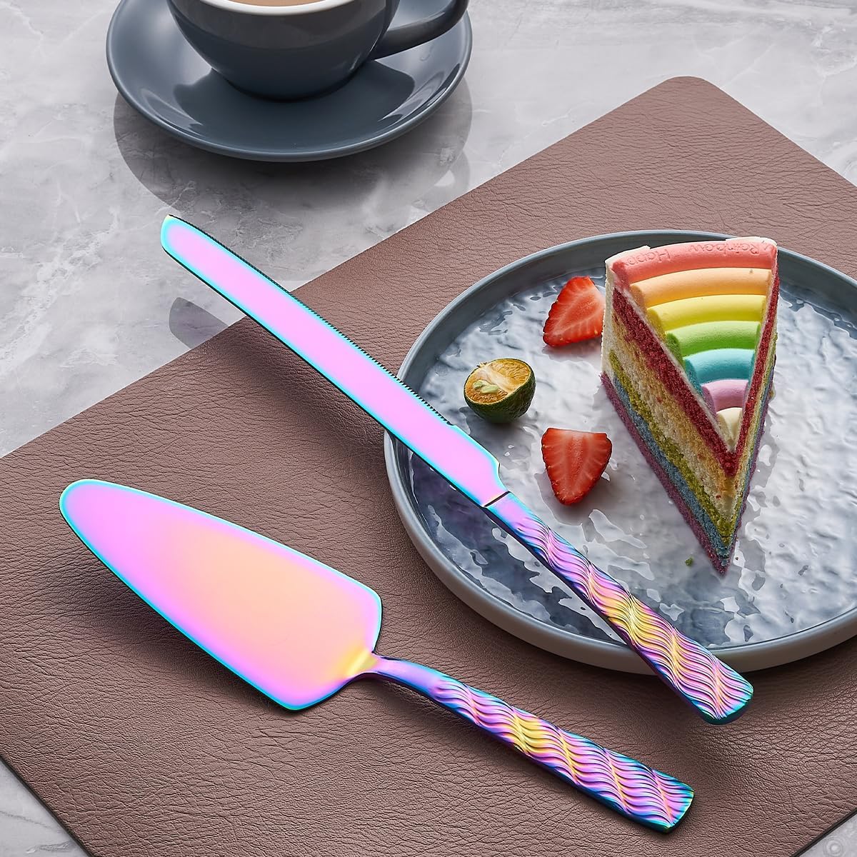 Rainbow Cake Cutting Set, Stainless Steel Cake Knife and Server, Cake Pie Cutter Set for Wedding, Birthday, Party