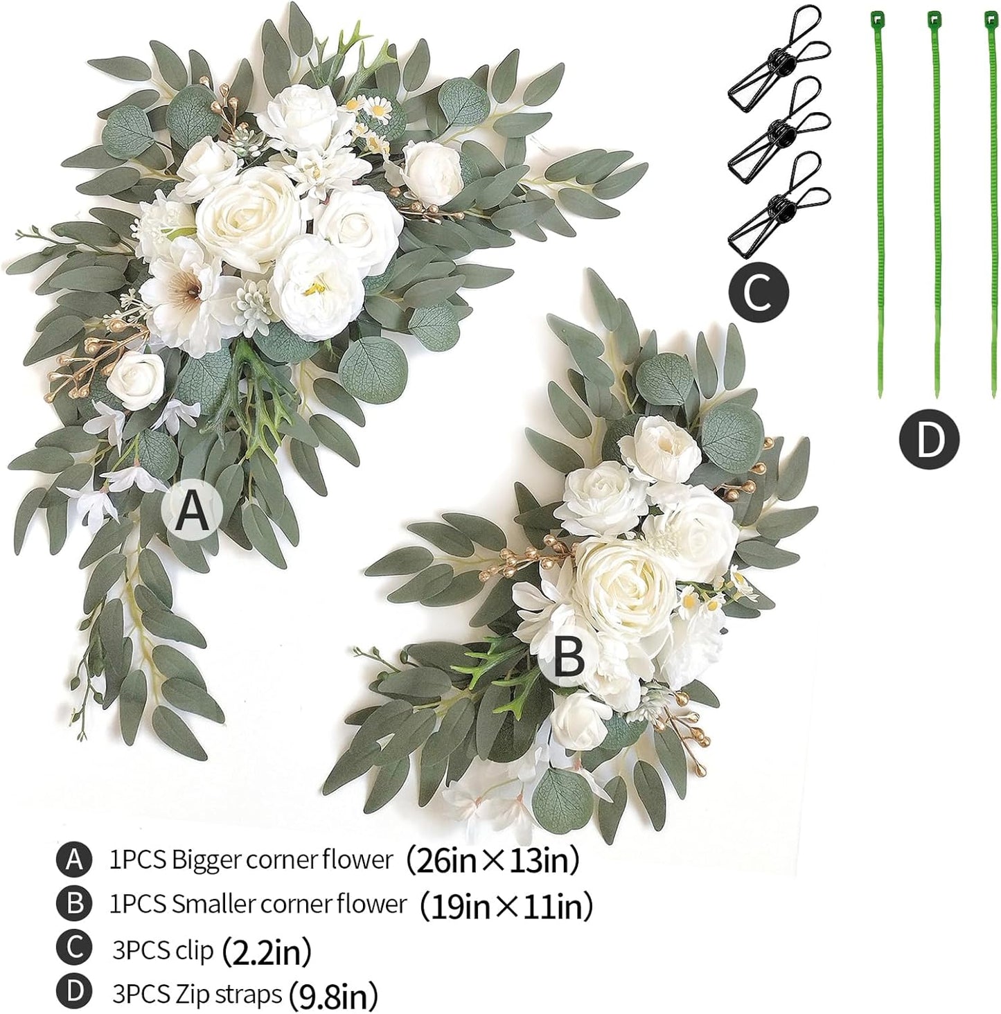 Faux Arch Flower Swag Set of 2 for Wedding Welcome Signs Floral Swag Wedding Reception Ceremony Signs Decor (White)