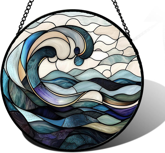 Stained Glass Window Hanging, Ocean Waves Sun Catchers Diamond Glass Panel Hangings Abstract Suncatcher Decor for Birthday for Women, Men, Wife, Aunt, and Mom 6.3 in