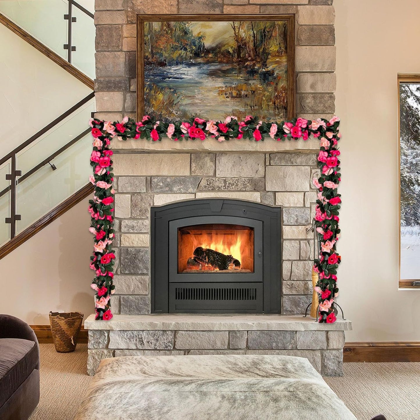 8Pcs 63Ft Pink Rose Garland, Fake Rose Hanging Flowers, Artificial Flower Vine, Hanging Floral Vine Garland for Wedding, Birthday Party, Wall Arch, Halloween, Christmas Garden Backdrop Decor