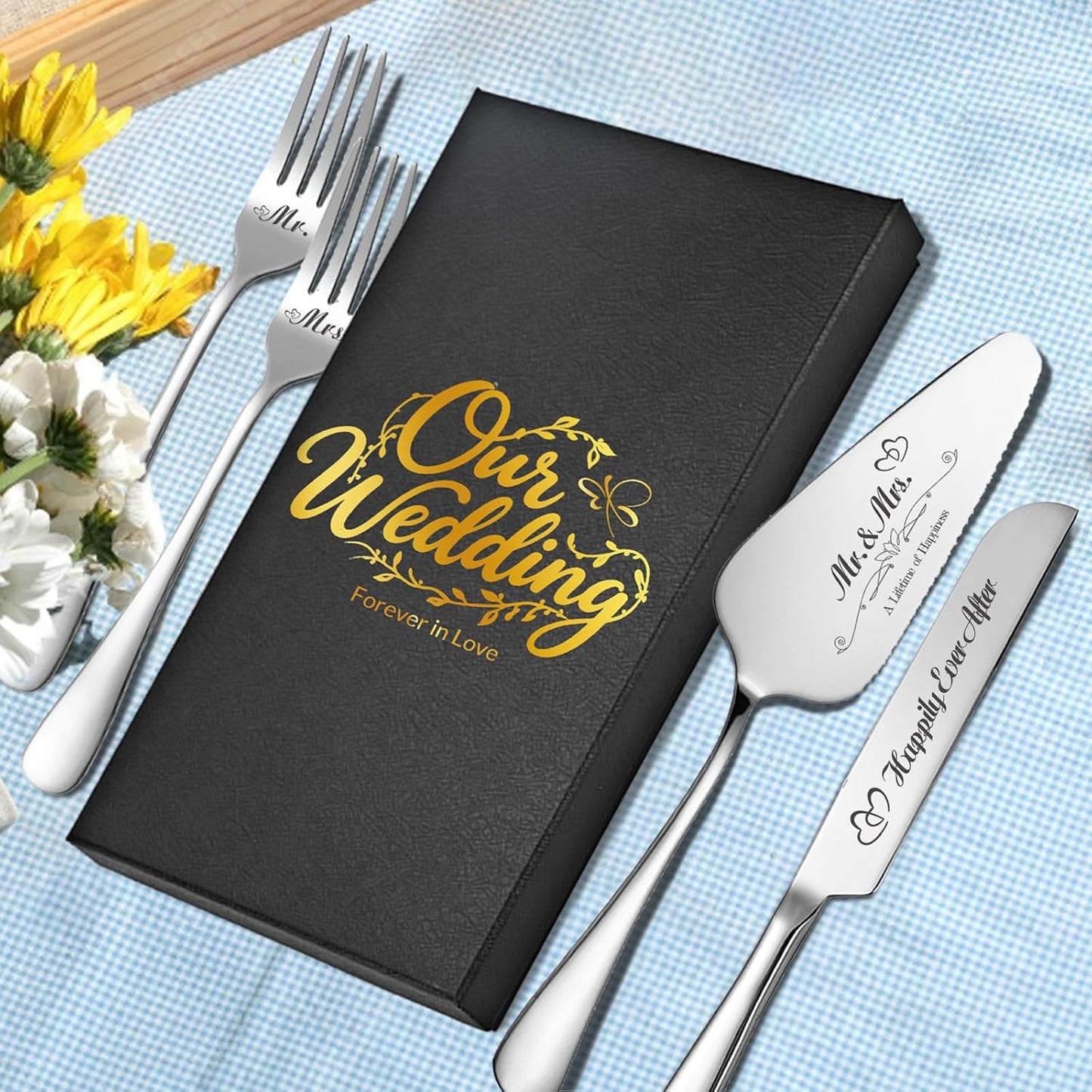 Personalized Wedding Cake Knife and Server Set, Engraved Cake Cutting Set with Stainless Steel Forks, Bridal Anniversary Birthday Wedding Registry Gifts(Non-customized)