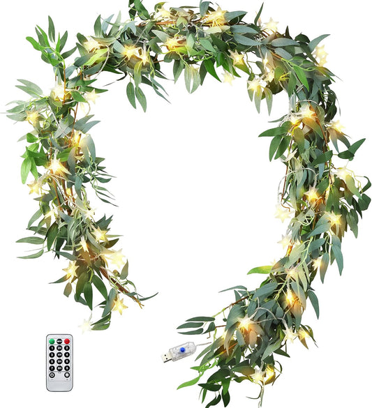 Enchanting Decor: Pair of Flexible Rustic Willow Garlands Adorned with 33 Feet Starry String Lights (USB Operated) by FiveSeasonStuff Floral