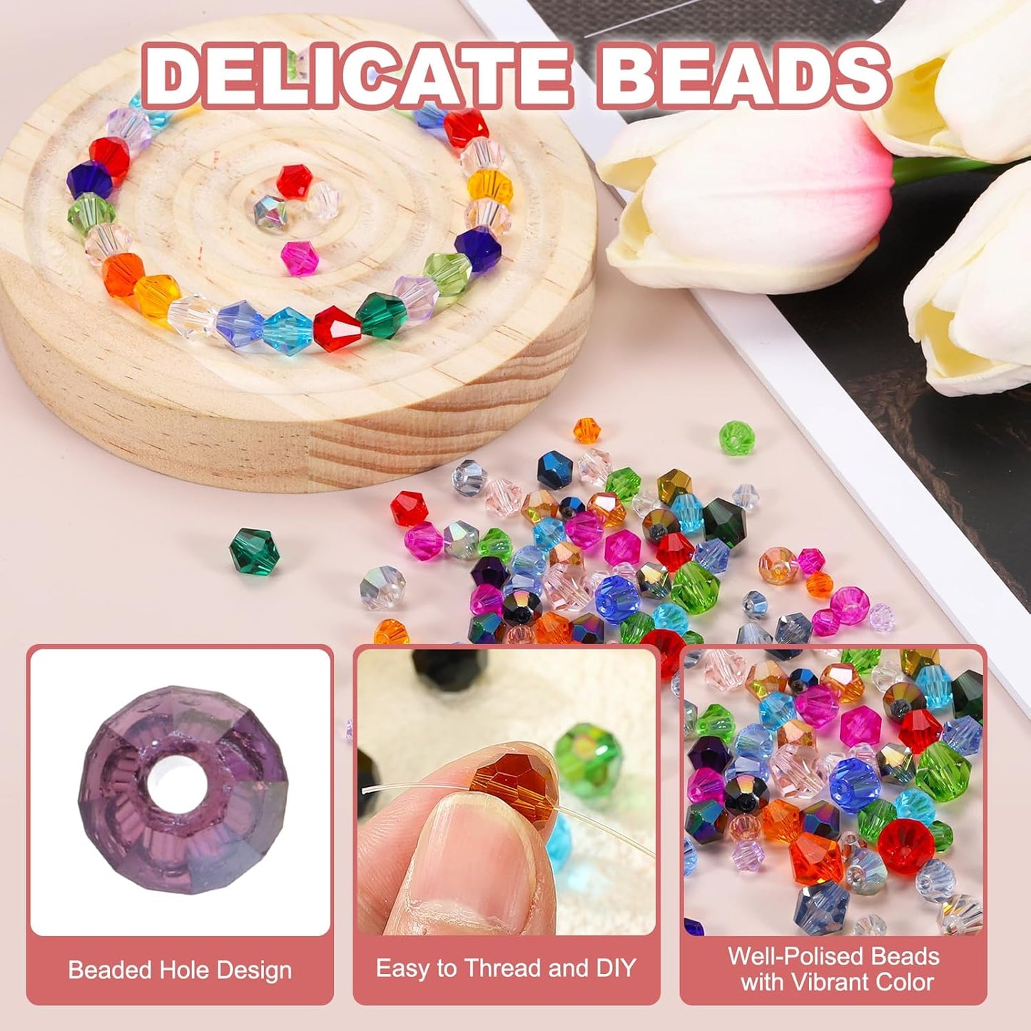 PATIKIL 1000pcs 4mm Bicone Glass Crystal Beads, Faceted Glass Spacer Beads with Box for Jewelry Making Bracelet Necklace Earrings DIY Suncatcher Craft, Violet AB