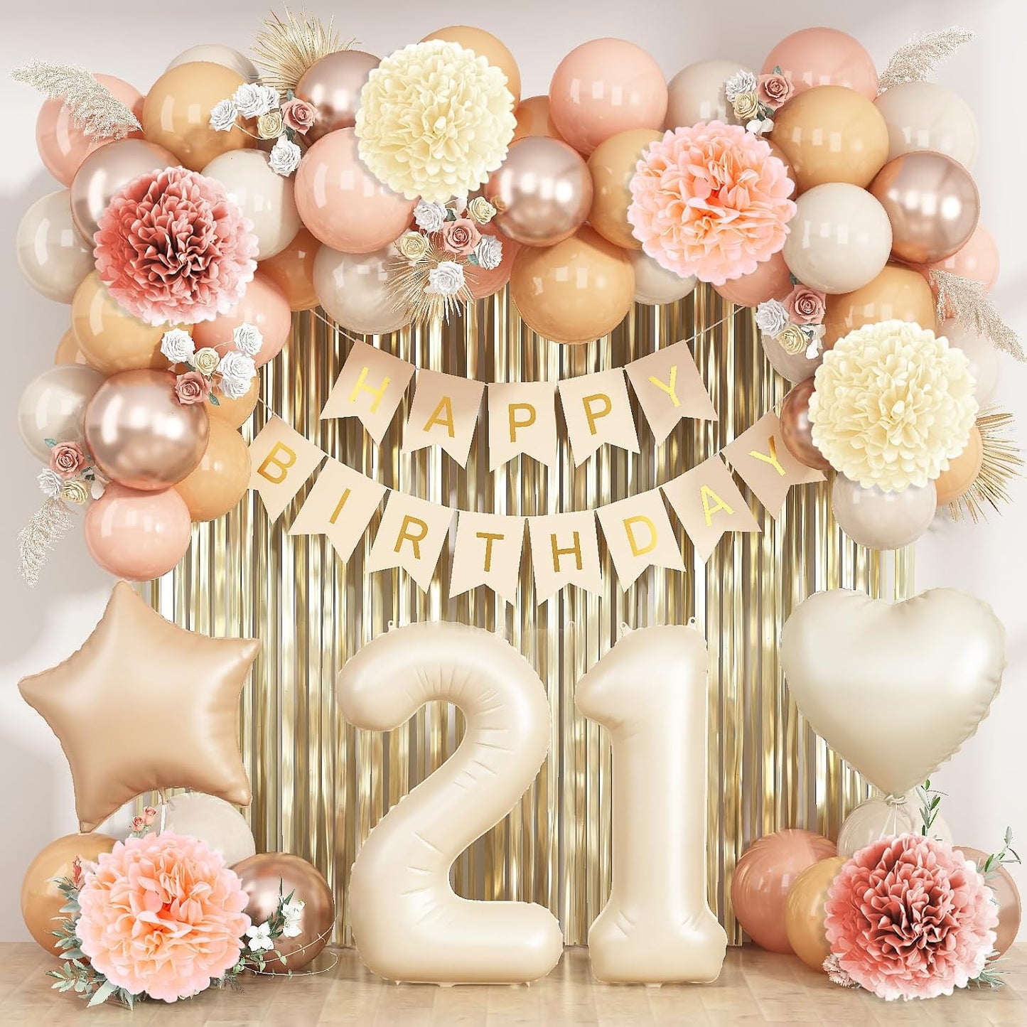 Beige 21st Birthday Decorations for Her Cream Number 21 Balloon Nude Gold Happy Birthday Banner Fringe Curtain Paper Pom Poms Blush White Sand Champagne Star Foil Balloons Neutral Boho Party Decor