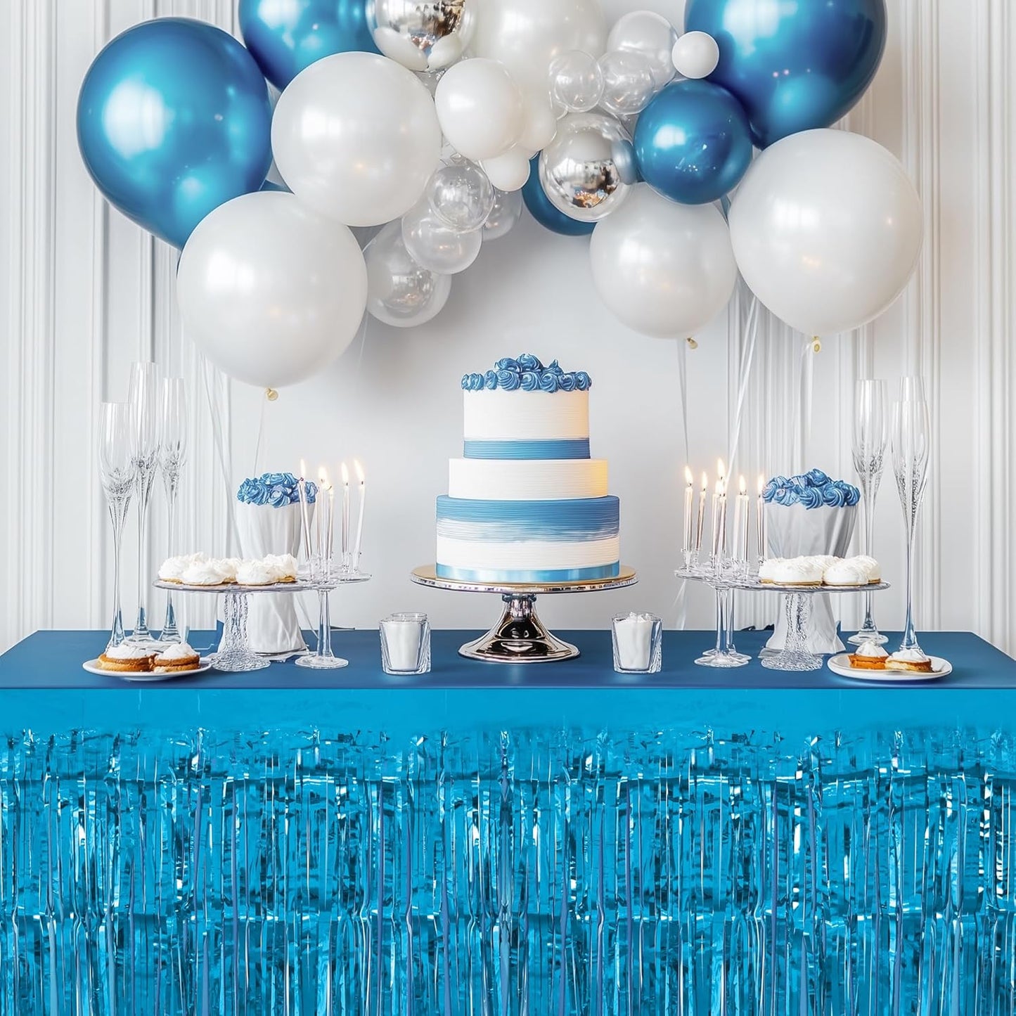 2 Pack Light Blue Lake Blue Table Skirts, 29x108" Metallic Foil Tinsel Fringe Table Skirt for Rectangle Tables Streamer Curtains Backdrop, Party Decorations for Birthdays, Weddings, Holidays