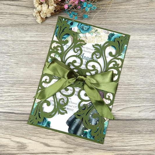 25PCS Olive Green Laser Cut Wedding Invitations Cards with Envelopes,Blank Inner Sheets,Ribbons for Wedding Bridal Shower Quinceañera Engagement Birthday Invites
