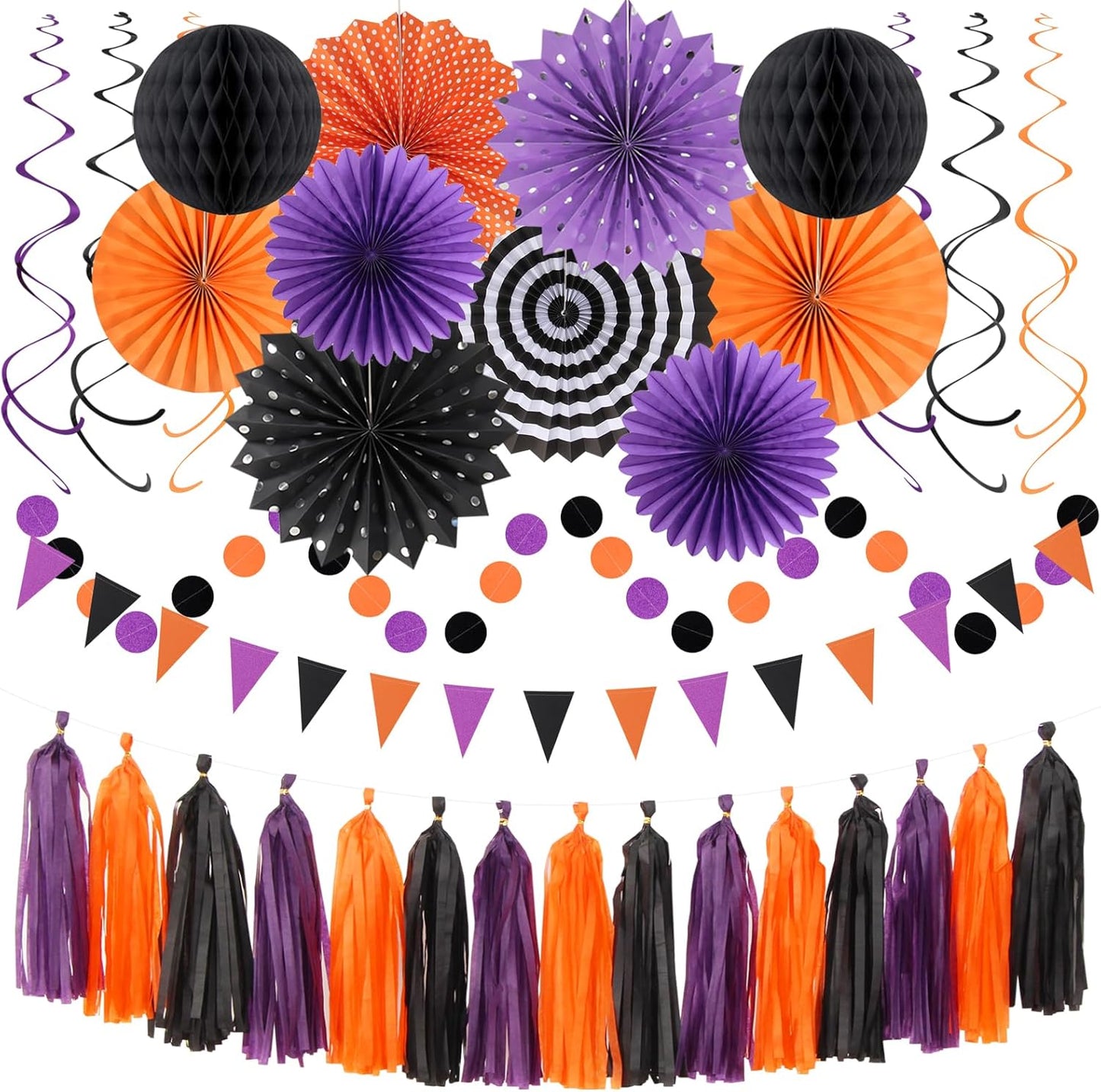 Orange Black Purple Halloween Party-Decorations - 33Pcs Banner,Streamers Tassel Garland,Tissue Pom Poms Honeycomb,Paper Lantern Fan,Birthday Wedding Baby Bridal Shower Decor Hugtmr