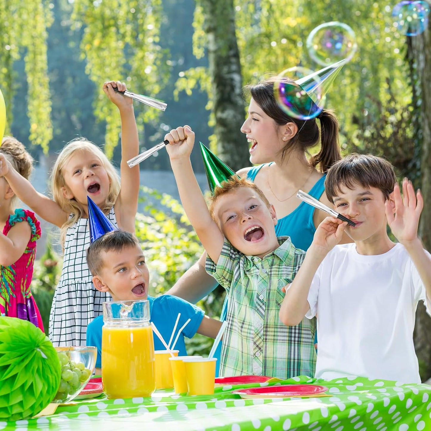 48 Pcs Silver Noise Makers Glitter Metallic Fringed Noise Makers Horns for Baby Shower, Kids Birthday, New Year Party Favor