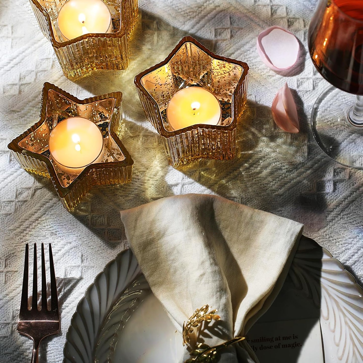 Letine 10pcs Gold Ribbed Candle Cups – Assorted Height Tea Light & Votive Candle Holders for Diwali, Wedding, Table Centerpiece, Fall & Holiday Decor – Lucky Star Jar (Tall 2.44", Short 1.57")