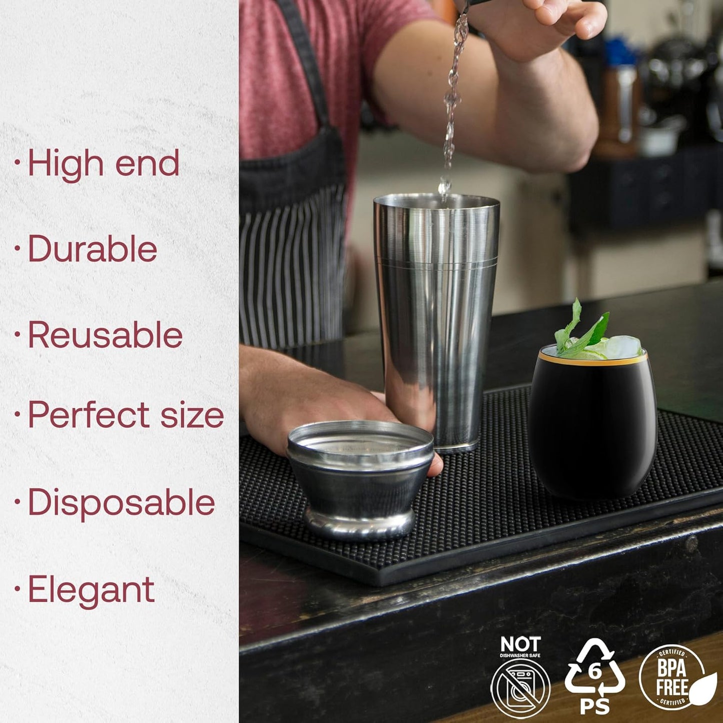 Smarty Had A Party 12 oz Wine Glasses Pack of 64 Black with Gold Stemless Unbreakable Plastic Glasses, Disposable or Reusable for Parties, Weddings, and Events