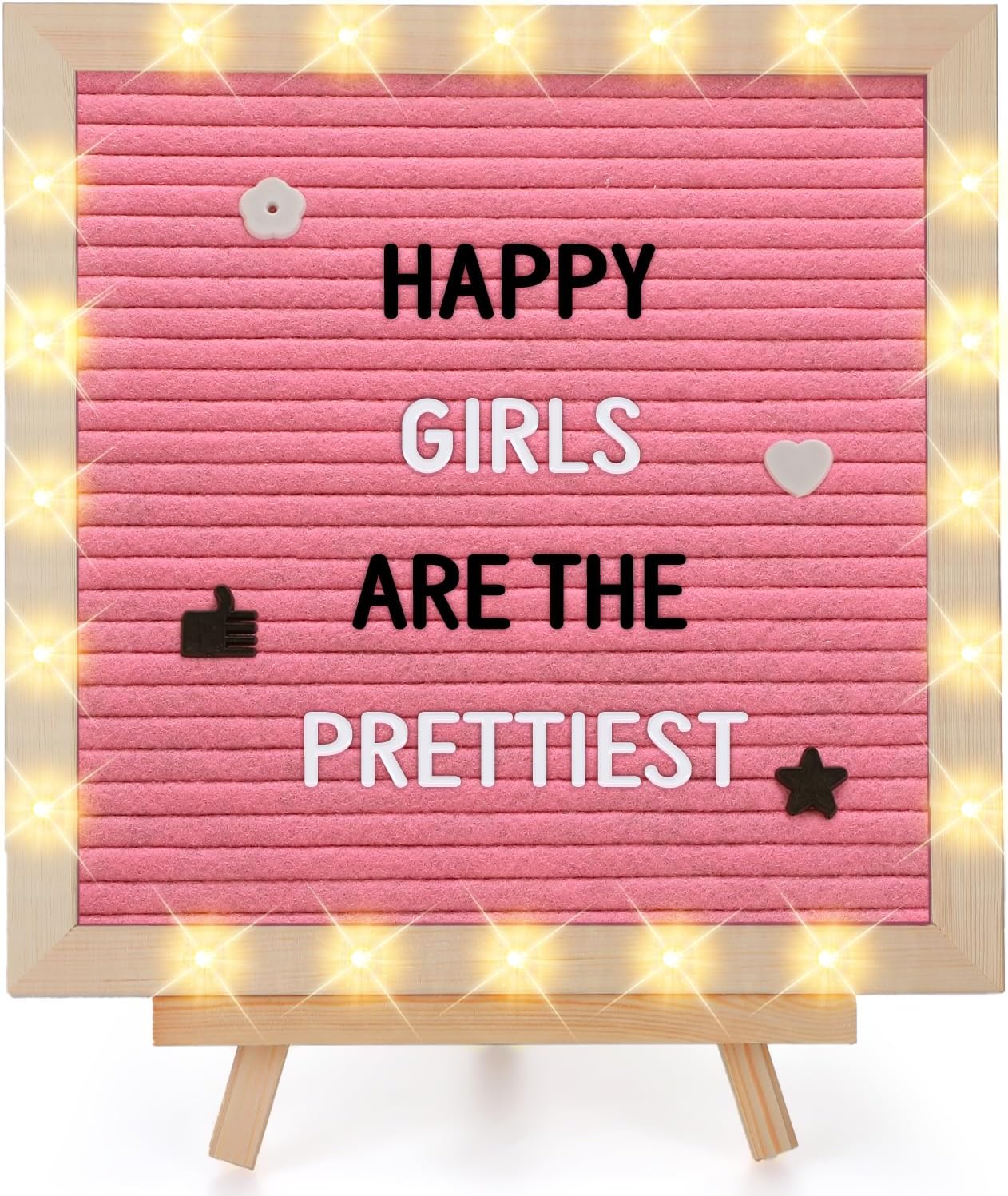 Light up Changeable Felt Letter Board Sign with LED Lights - 10×10" Message Board& Wood Stand& 450 Letters, for Halloween/Birthday/Event/Pregnancy/Baby Announcement/Home Wall Decor Girls Gifts, Pink