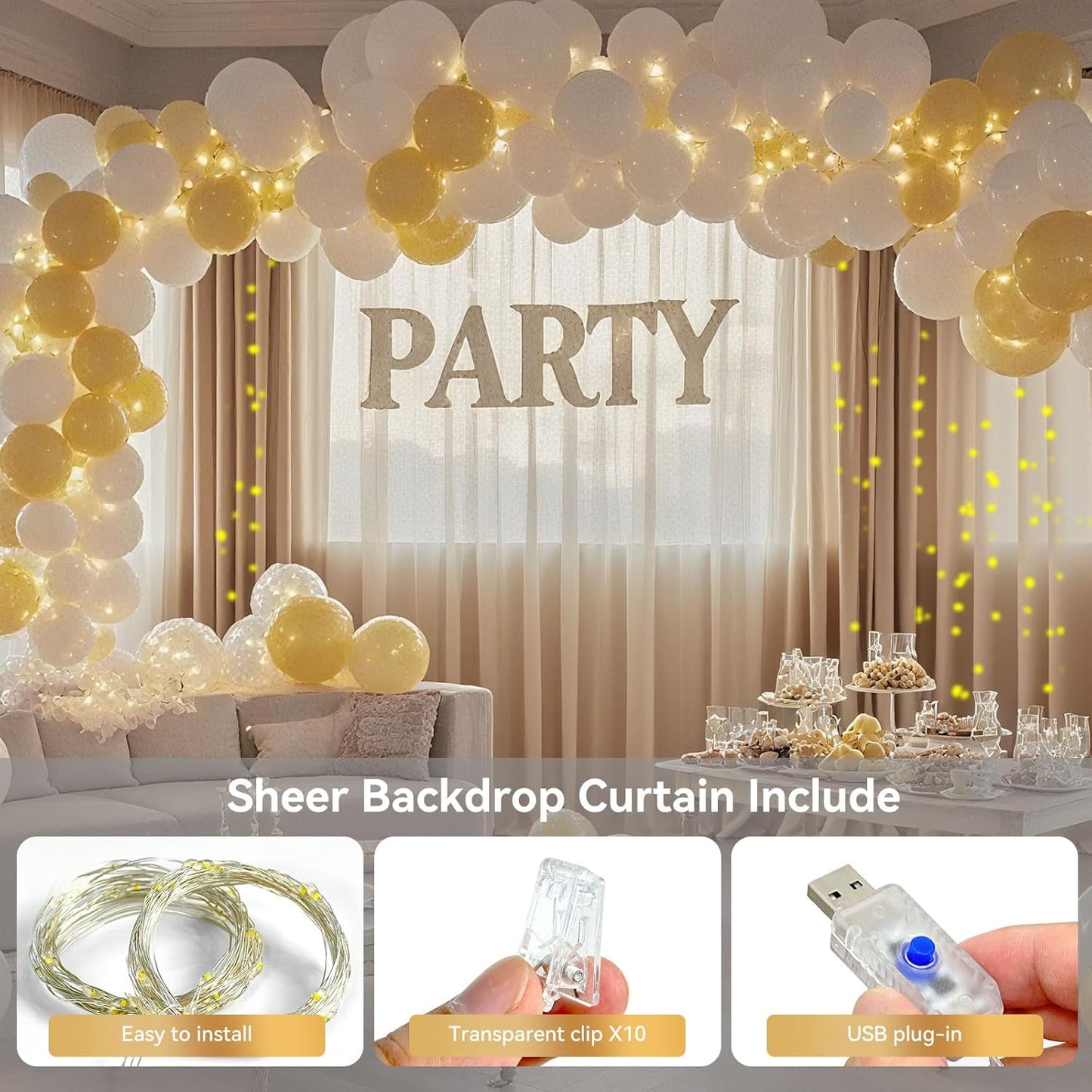 10×10ft Tulle Backdrop Curtains with Lights String - 300LED Fairy Lights Sheer Curtain Backdrop for Weddings Baby Shower and Birthday Party Decorations(8 Panels 5×10ft)