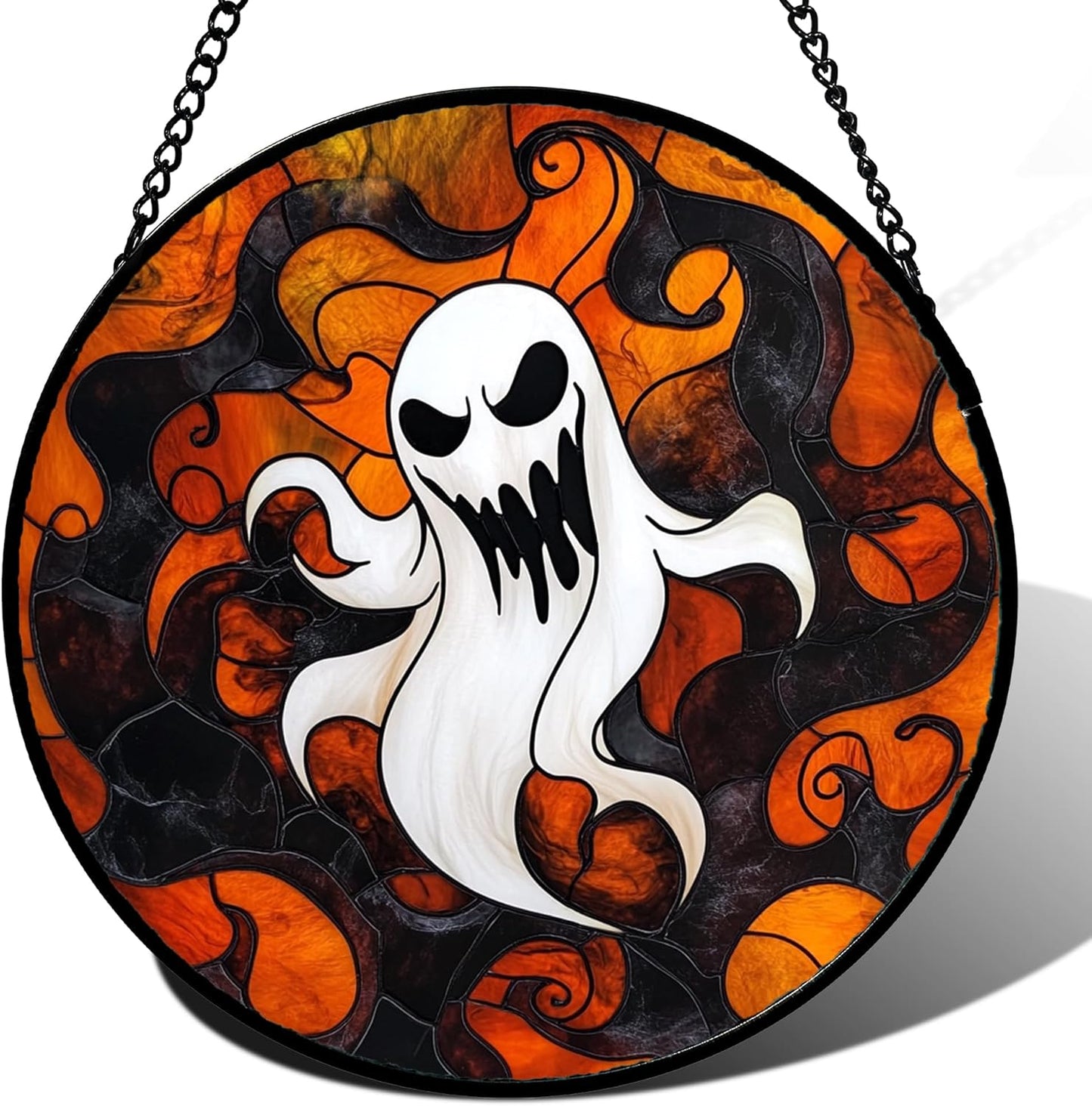 Stained Glass Window Hanging - Halloween White Ghost Suncatcher for Doors Window Garden Indoor Spooky Funny Orange Sun Catchers Gothic Decor Horror Gifts for Women Men Friend 11.8 in