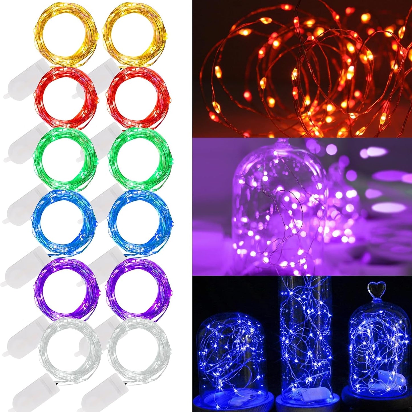 WATERGLIDE 12 Pack Fairy Lights Battery Operated (Included), 7 ft 20 LED Mini String Lights, Waterproof Silver Wire Firefly Starry Lights for DIY Wedding Christmas Party Mason Jars Decor, Multicolor