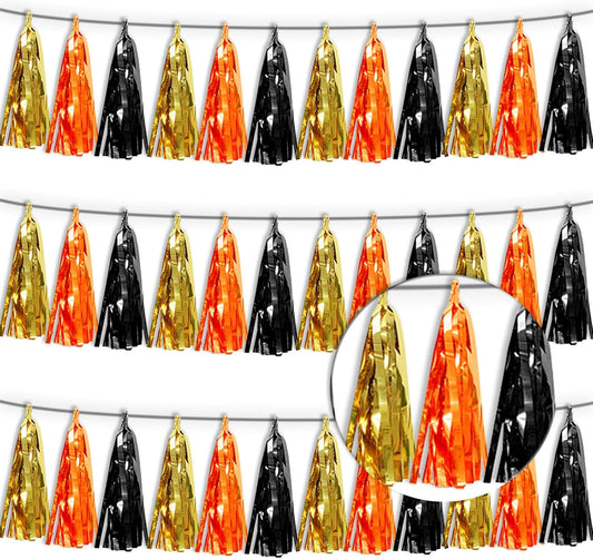 3P Orange Gold Black Metallic Fringe Tassel Banner Garland Foil Tinsel Streamer Wall Hanging Curtain Backdrop Banner for Parade Floats, Graduation Decorations, Halloween, Christmas Decorations