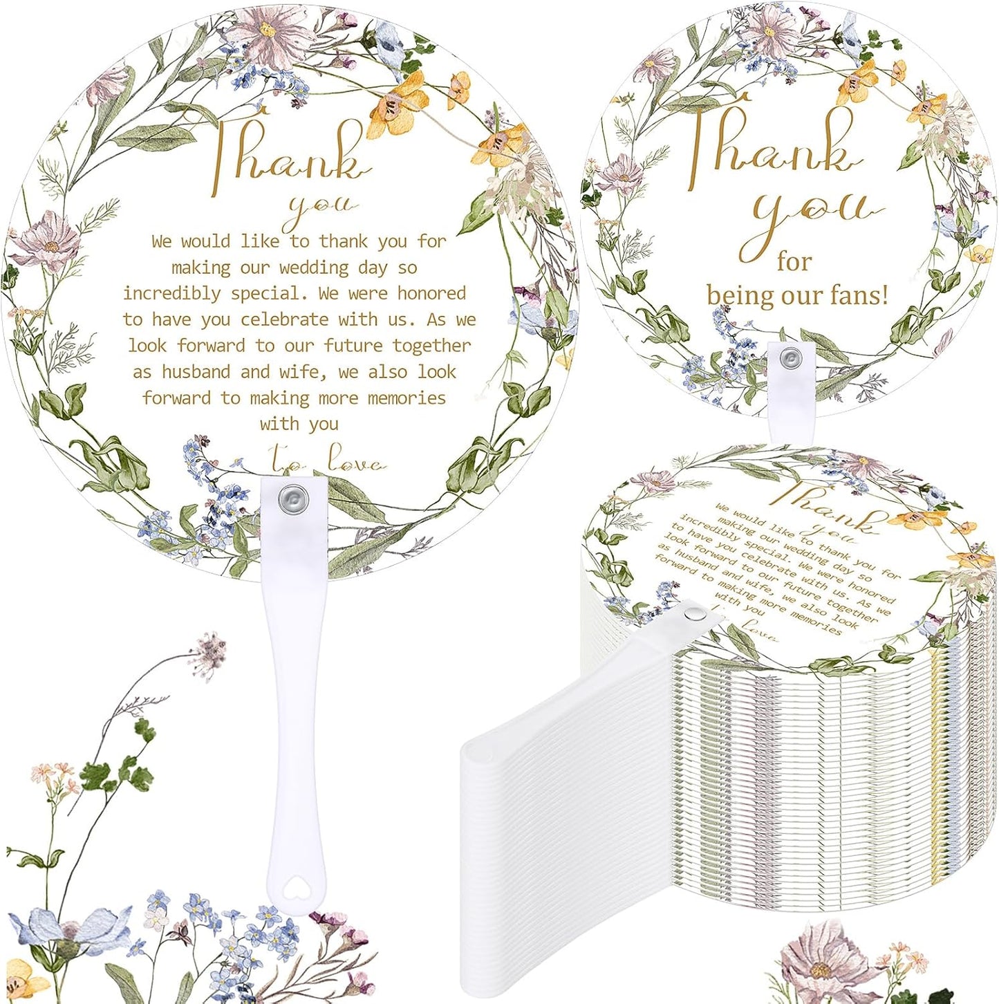 Roowest 100 Pcs Wedding Fans for Guests Bulk Plastic Floral Handheld Wedding Fans with Handle Thank You for Being Our Fan for Ceremony Bridal Baby Shower Party Favors Decoration(Fresh Style)