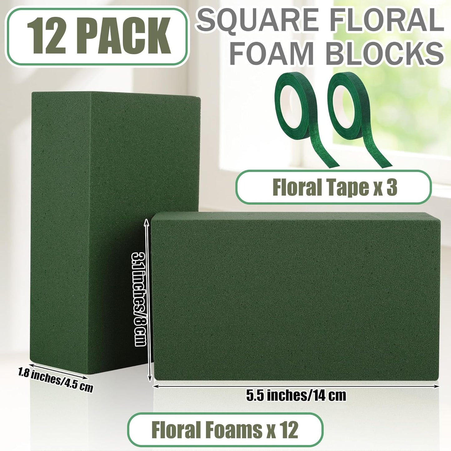 Aneco 12 Pieces Floral Foam Blocks with 3 Rolls Floral Tape 5.5''L x 3.1''W x 1.8''H Green Square Flower Foams Flower Arrangements Supplies for Dry & Wet Flower Wedding Home Decor and DIY Crafts