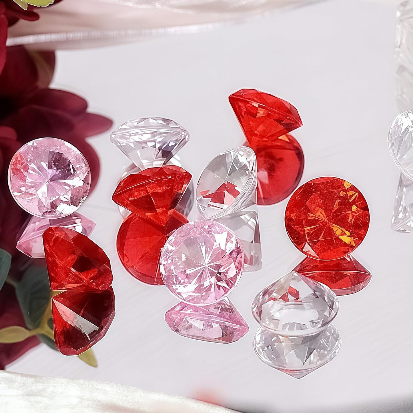 Acrylic Diamond Fake Gems Vase Filler, Babenest 240pcs 3/4 Inch Faux Diamonds Crystals Jewels for Table Scatters Wedding Party Arts & Crafts Birthday Decoration (240, Clear/Pink/Red)