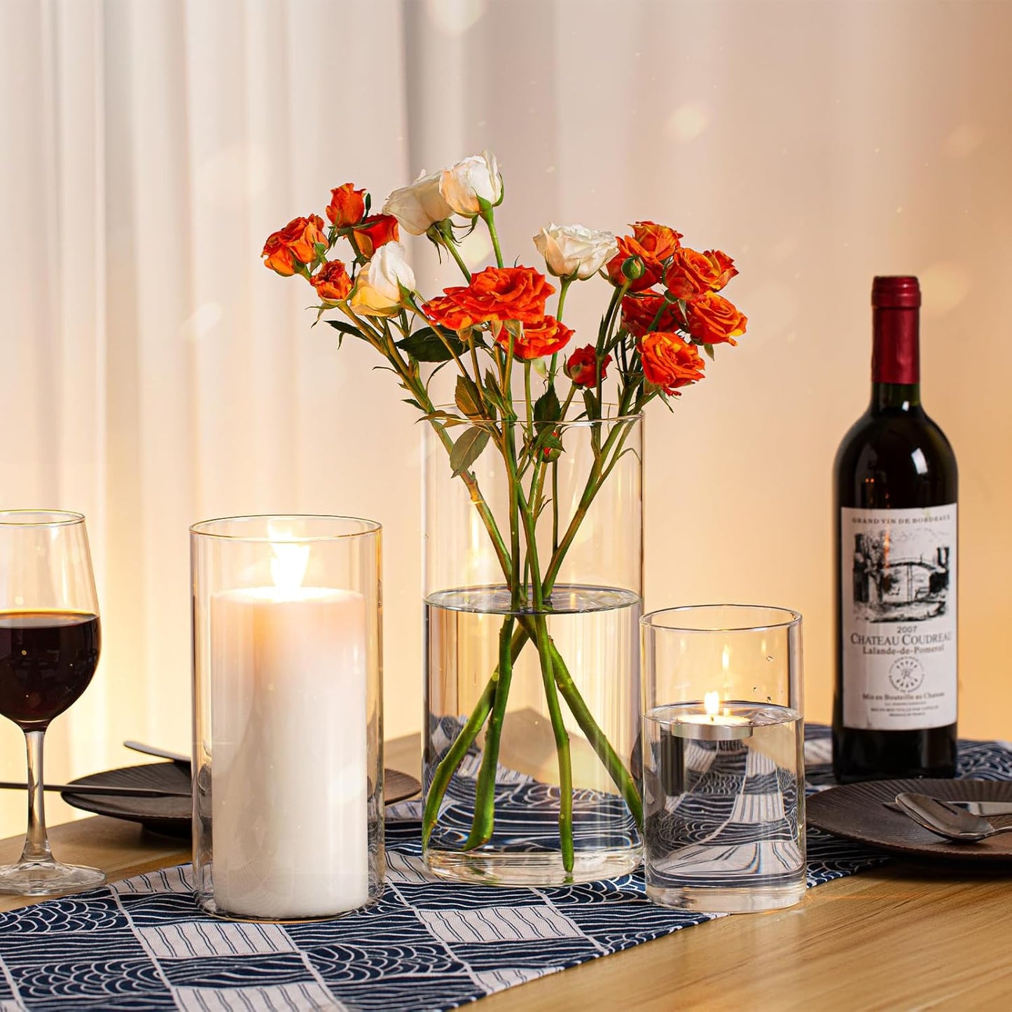 PHOSPHOR 9 PCS Glass Candle Holders for Pillar Candle Clear Glass Cylinder Centerpieces Vases Table Decoration Centerpiece Hurricane Candle Holder Glass