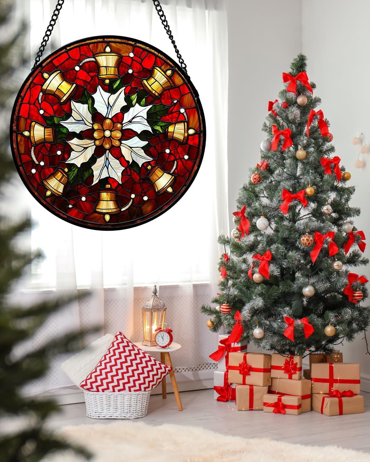 Stained Glass Window Hanging - Golden Bells Flowers Suncatcher for Doors Home Christmas Decoration Winter Sun Catcher Thanksgiving New Year Birthday Gift for Friend Women Men Mom Nana 6.3 in