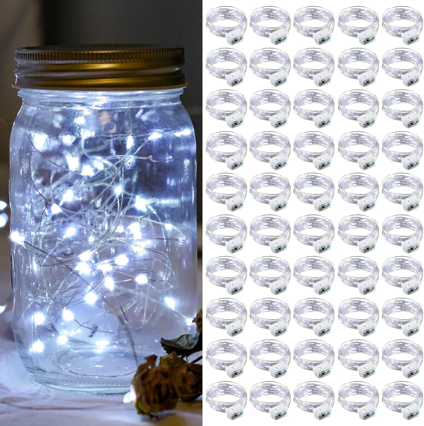 50 Pack White Fairy Lights 7Ft 20 LED Twinkle String Lights 3 Modes Battery Operated Waterproof Firefly Starry for Mason Jar Party Wedding Christmas Valentines Day Table Centerpieces,Cold White