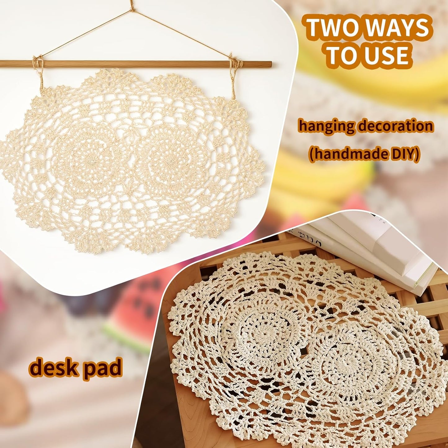 2-Pack Vintage Lace Placemats - 10x14 Inch French Crochet Lace Doilies, Handmade Embroidered Oval Table Mats for Dining, Tea Party, Wedding Decor, Furniture and Home Decoration (Beige)