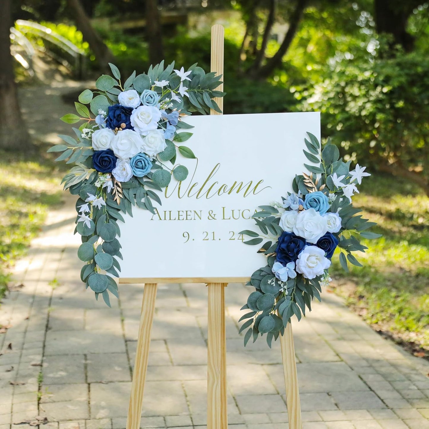 Artificial Dusty Blue Wedding Arch Flower Swags Set of 2 for Welcome Signs Floral and Wedding Reception Ceremony Decorations, White Flowers Decor