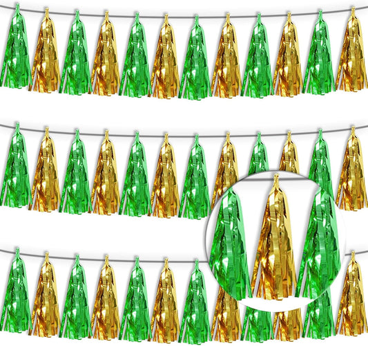 3P Sage-Green Gold Metallic Fringe Tassel Banner Garland Foil Tinsel Streamer Wall Hanging Curtain Backdrop Banners for Parade Floats, Graduation Decorations, Woodland Party Decoration