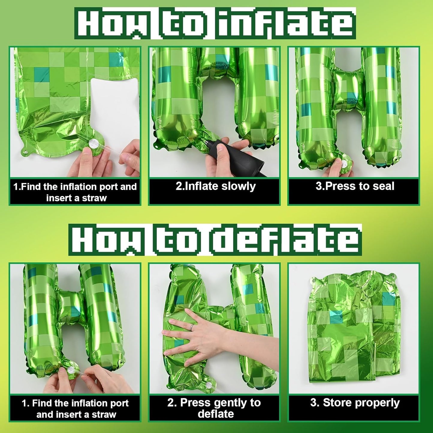 Pixel Happy Birthday Balloon Banner, 16 Inch Pixel Green Foil Letter Balloons with 9 Pcs Star Foil Balloons, 8-Bit Gaming Party Decorations for Boys Girls Themed Birthday, Retro Arcade Party Supplies