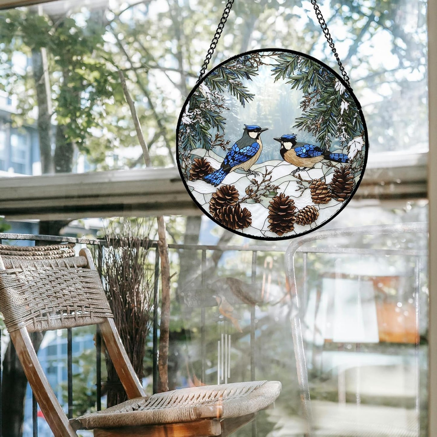 Stained Glass Window Hanging - Blue Bird Winter Forest Landscape Suncatcher for Door Garden Yard Sun Catchers Decor Christmas Mother's Day Birthday Gifts for Women Mom Nana Friend 9.8 in