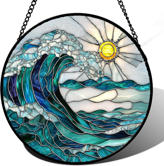 Stained Glass Window Hanging - Blue Green Waves Suncatcher for Door Terrace Garden Home Decor Sunrise Over The Sea Sun Catcher Birthday Gifts for Lovers Women Men Dad Mom Nana 11.8 in