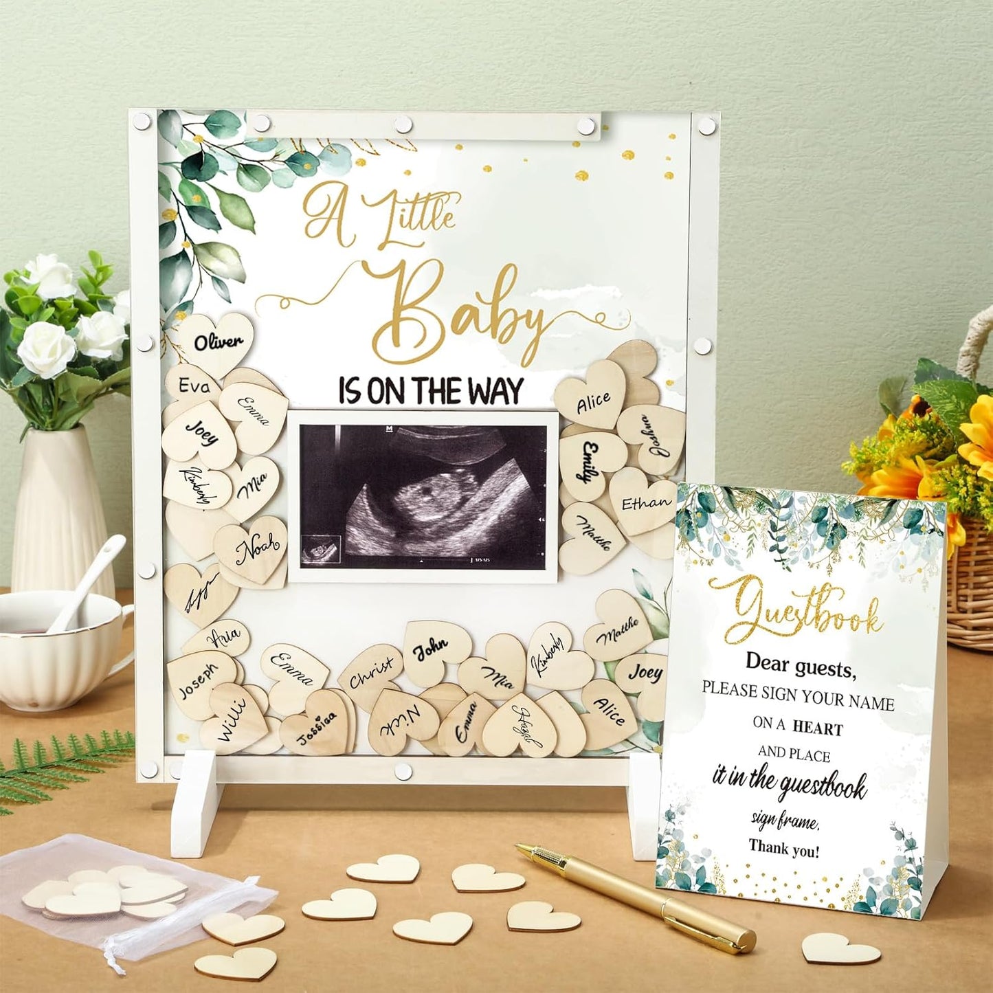 65 Pcs Greenery Baby Shower Guest Book Alternatives He or She Gender Reveal Decorations Sign in Guest Book with Picture Frame and 60 Wooden Chip a Little Baby is on The Way Decorations
