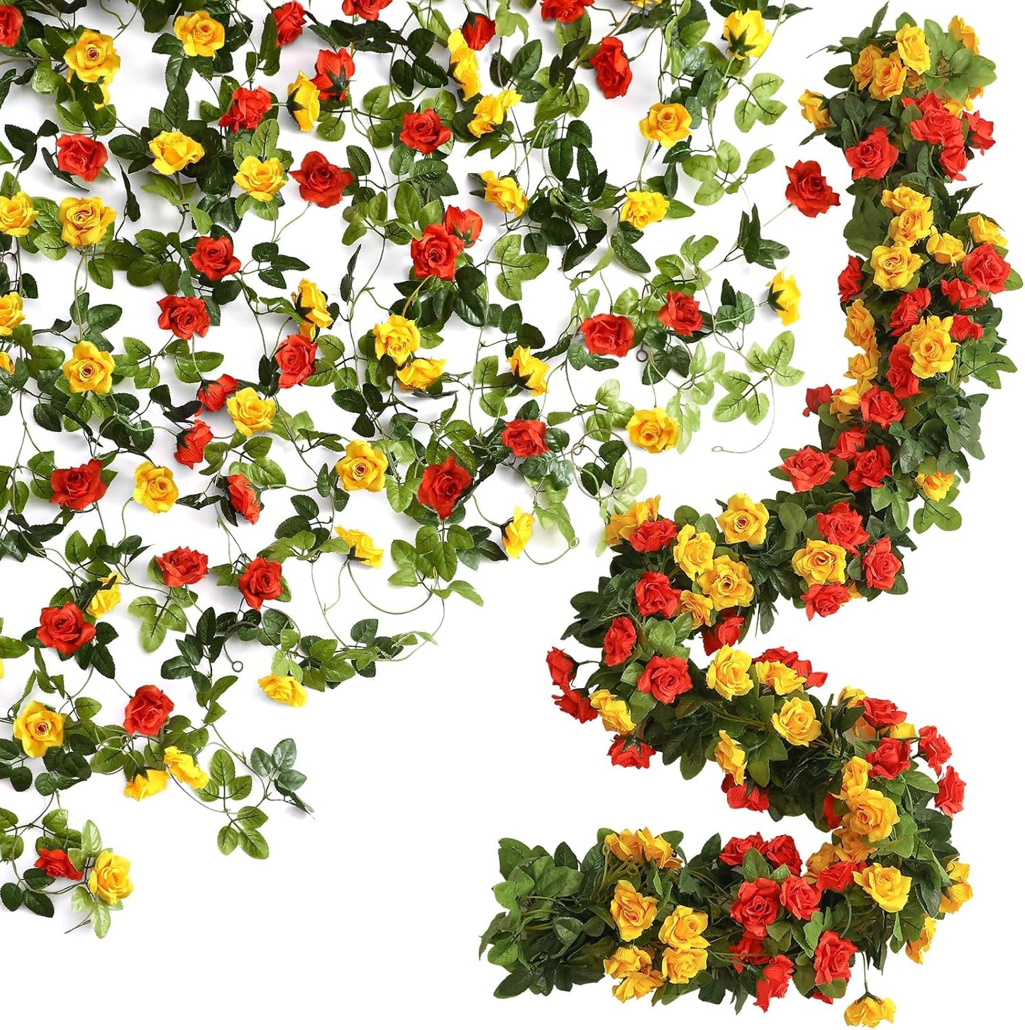 Floweroyal 4 Pack Artificial Flower Garlands 15.8FT Fake Rose Vines Silk Flowers Hanging Rose Ivy for Wedding Arch Party Home Garden Wall Decor (Orange Yellow)
