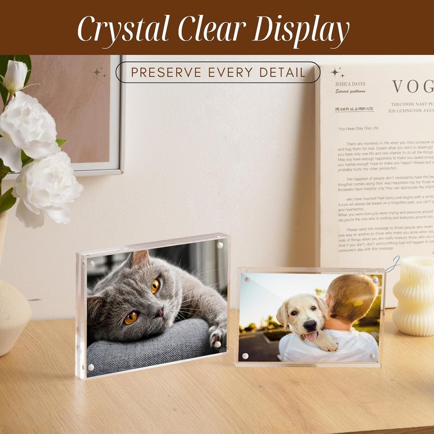 CATIFLIN 5x7 Magnetic Acrylic Frames 2 Pack, Double Sided Clear Frameless Picture Frame Blocks, 20mm Thick Photo Frames Free Standing Display for Family Photos, Certificates, Office, Artwork