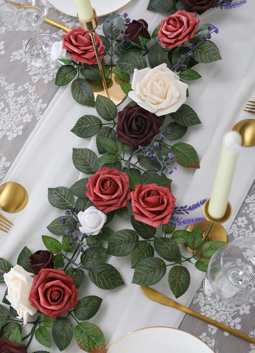 5FT Artificial Rose Flower Burgundy Fake Floral Garland for Wedding Ceremony Backdrop Arch Flowers Table Centerpieces Decorations