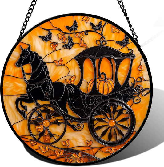 Stained Glass Window Hanging - Halloween Pumpkin Carriage Suncatcher for Doors Window Garden Indoor Spooky Funny Orange Sun Catchers Gothic Decor Horror Gifts for Women Men Friend 6.3 in