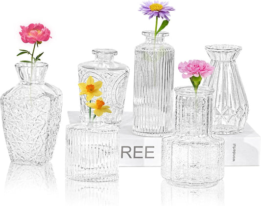 6Pcs Glass Bud Vase Set,Small Flower Vase for Tables Centerpieces Decor, Mini Vintage Clear Vase for Home,Wedding,Party Decorations（6 Pcs，Clear）